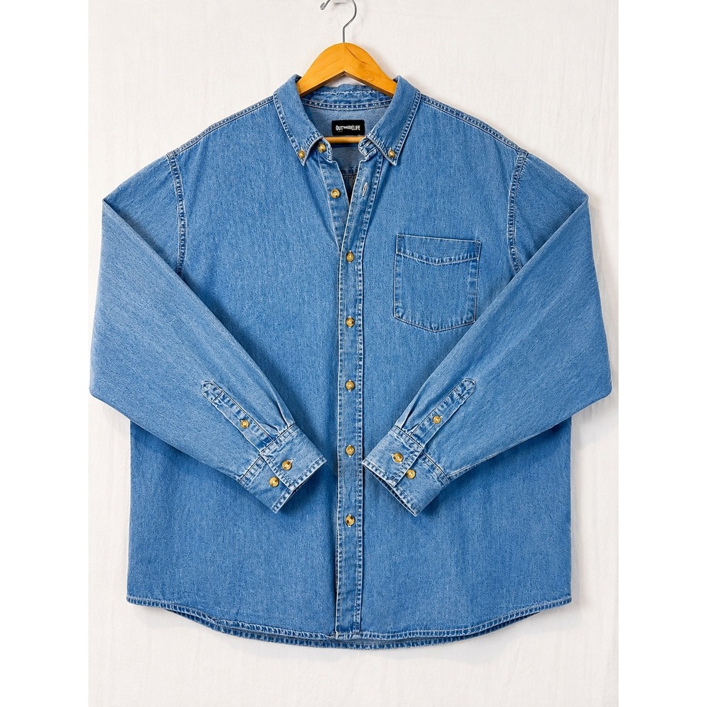Outdoor Life Mens XXL Denim Shirt Blue Long Sleeve Button Down Cotton Workwear